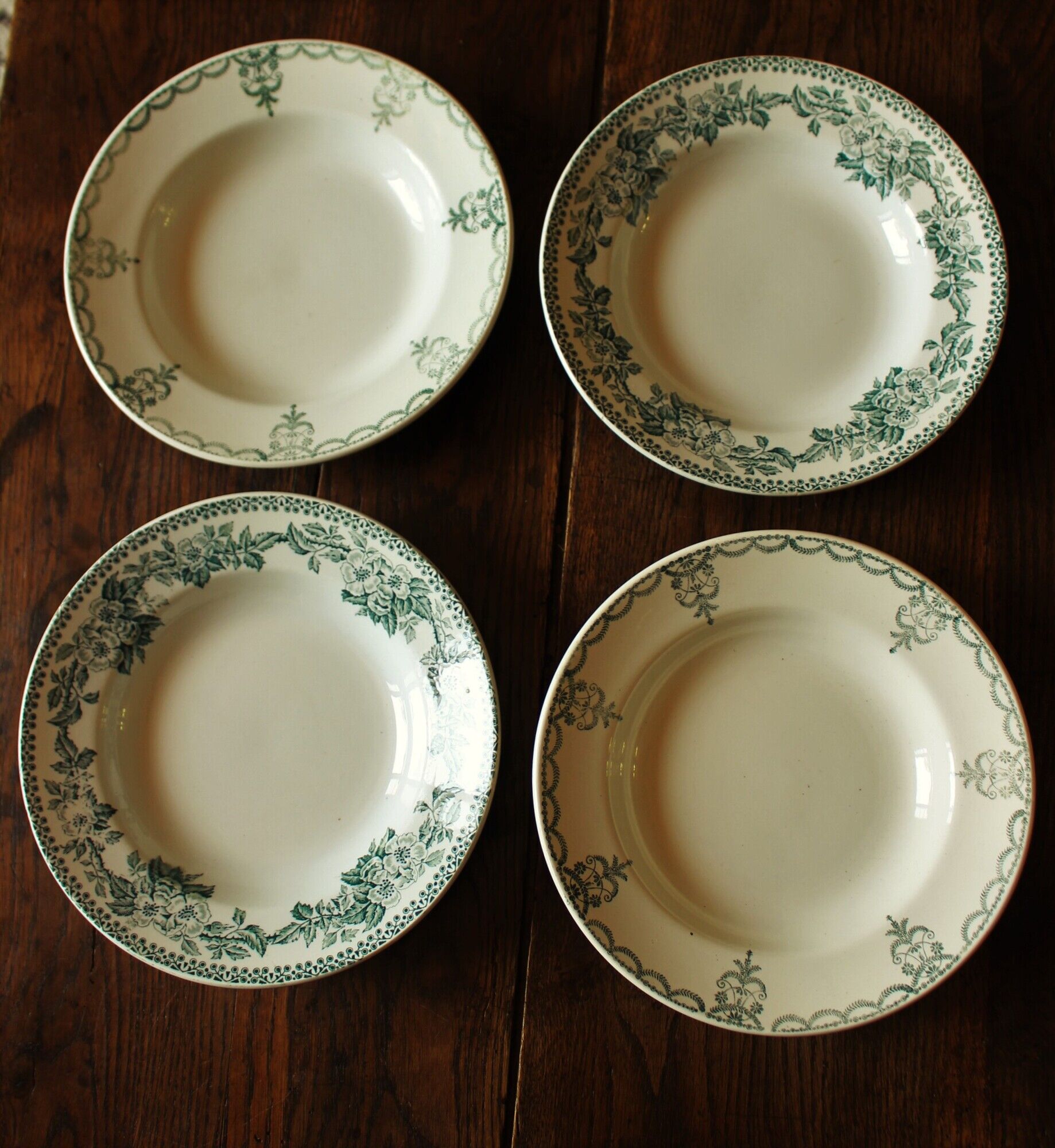 Mismatched lot 4 green hollow plates Flowers Garland Gaudeloupe Saint Amand