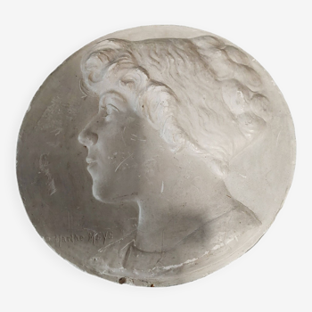 Plaster medallion female portrait signed Marthe Meys early 20th century