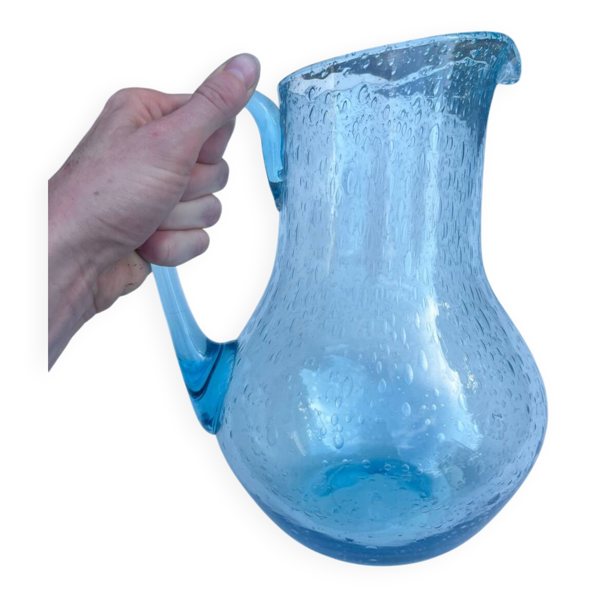 Blue bubble glass pitcher signed Biot – Provence