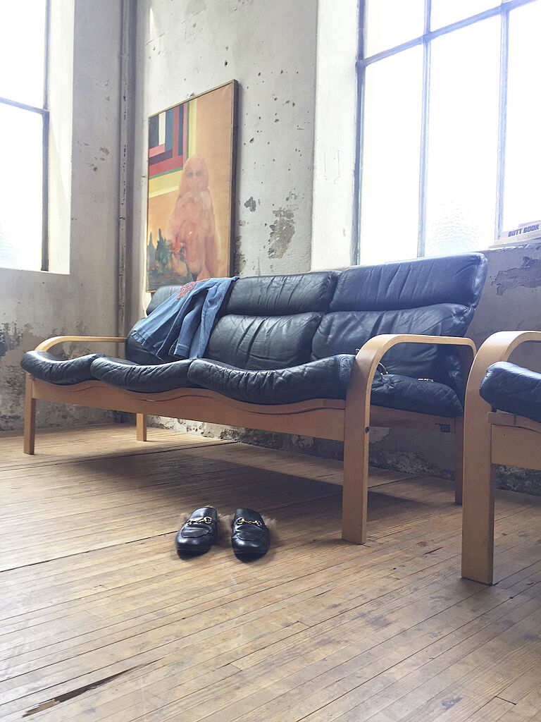 Danish sofa and armchairs curved wood and leather