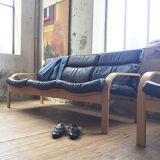 Danish sofa and armchairs curved wood and leather