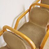 Set of 4 Vintage Beech Wood Dining Chairs: 1970s Space Age Gray Fabric