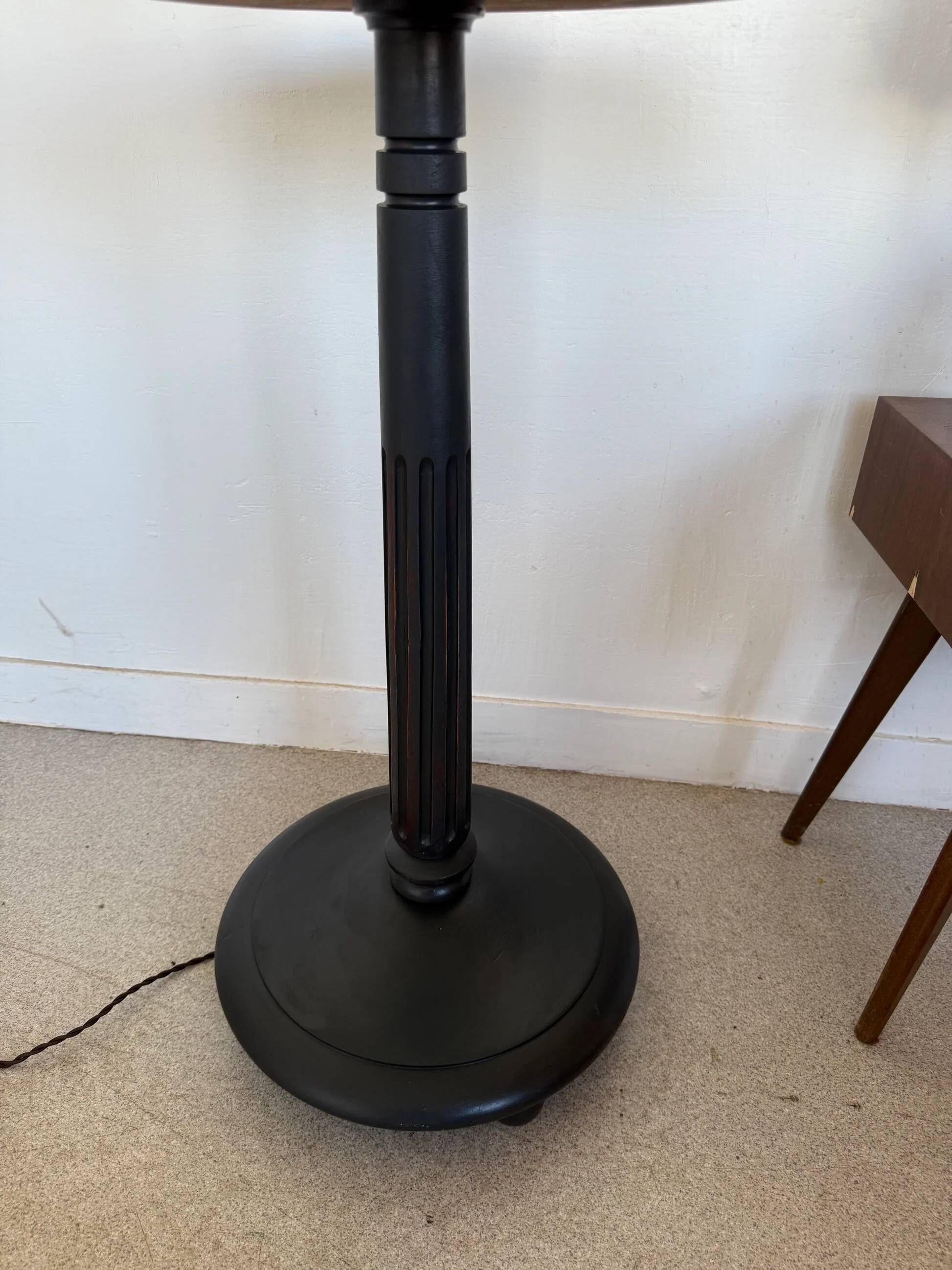 Vintage floor lamp in black patinated wood and striped lampshade