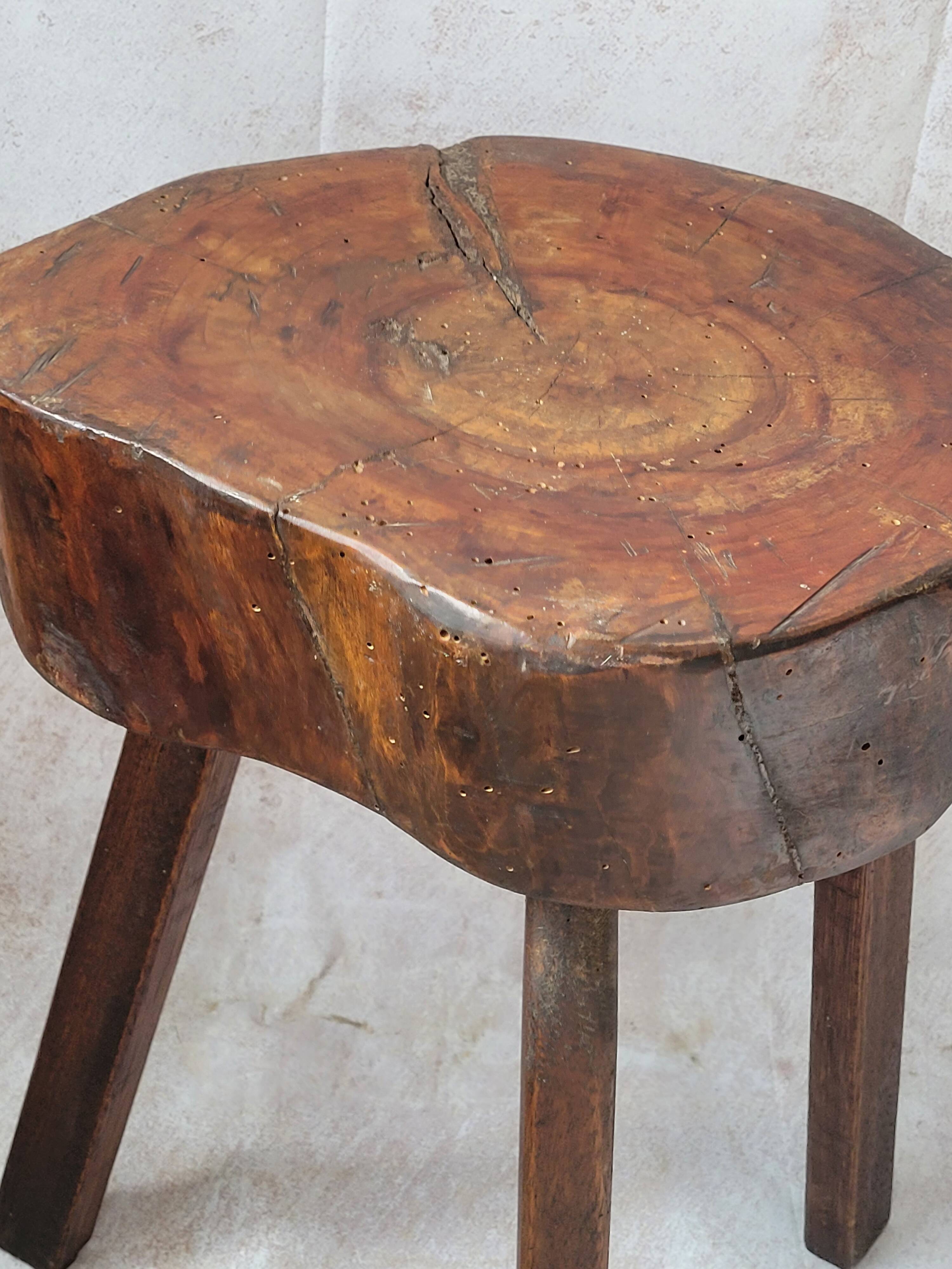 Wooden tripod stool wabi sabi trunk