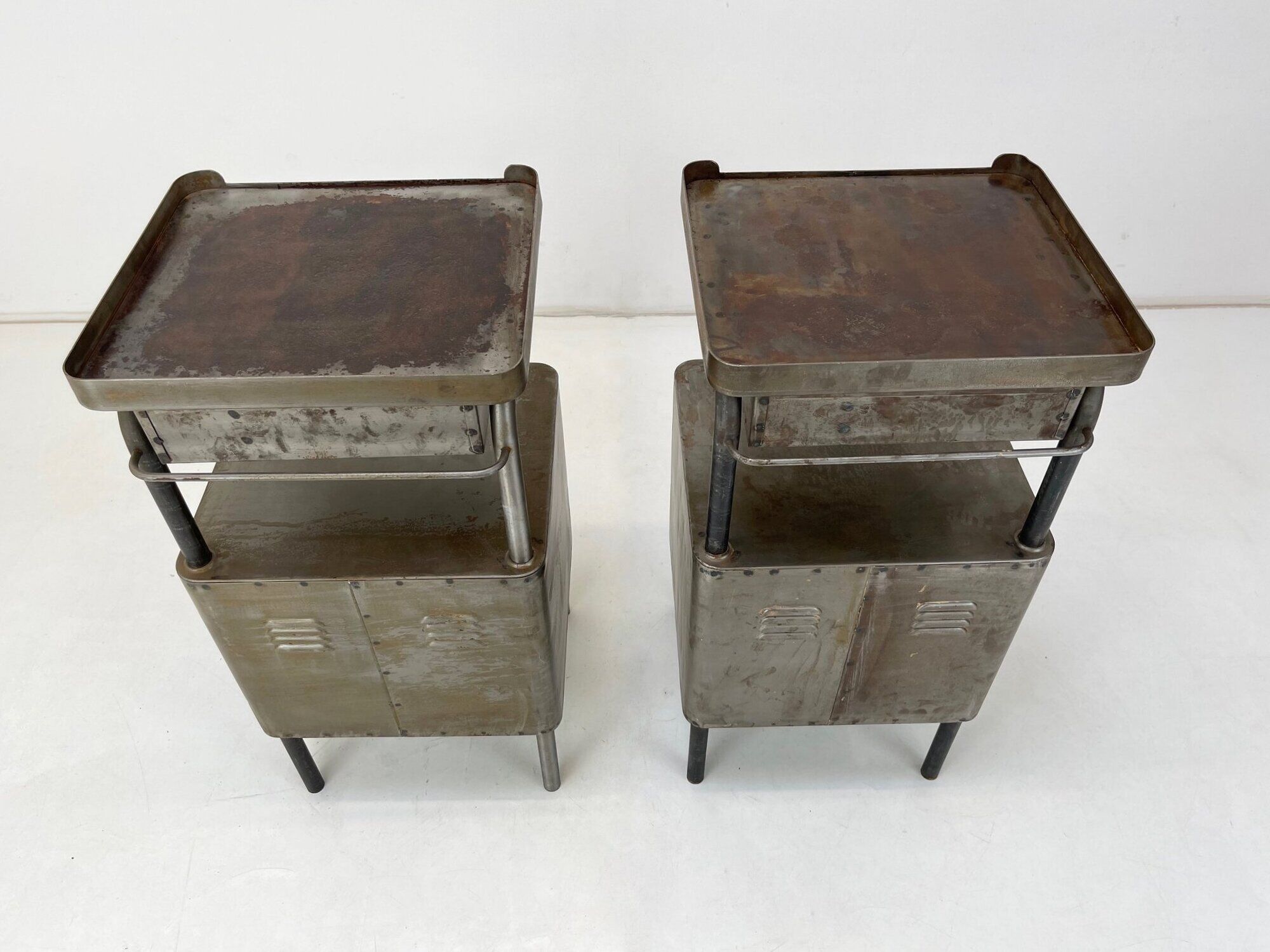 Vintage Industrial Brushed Steel Nightstands, 1920's