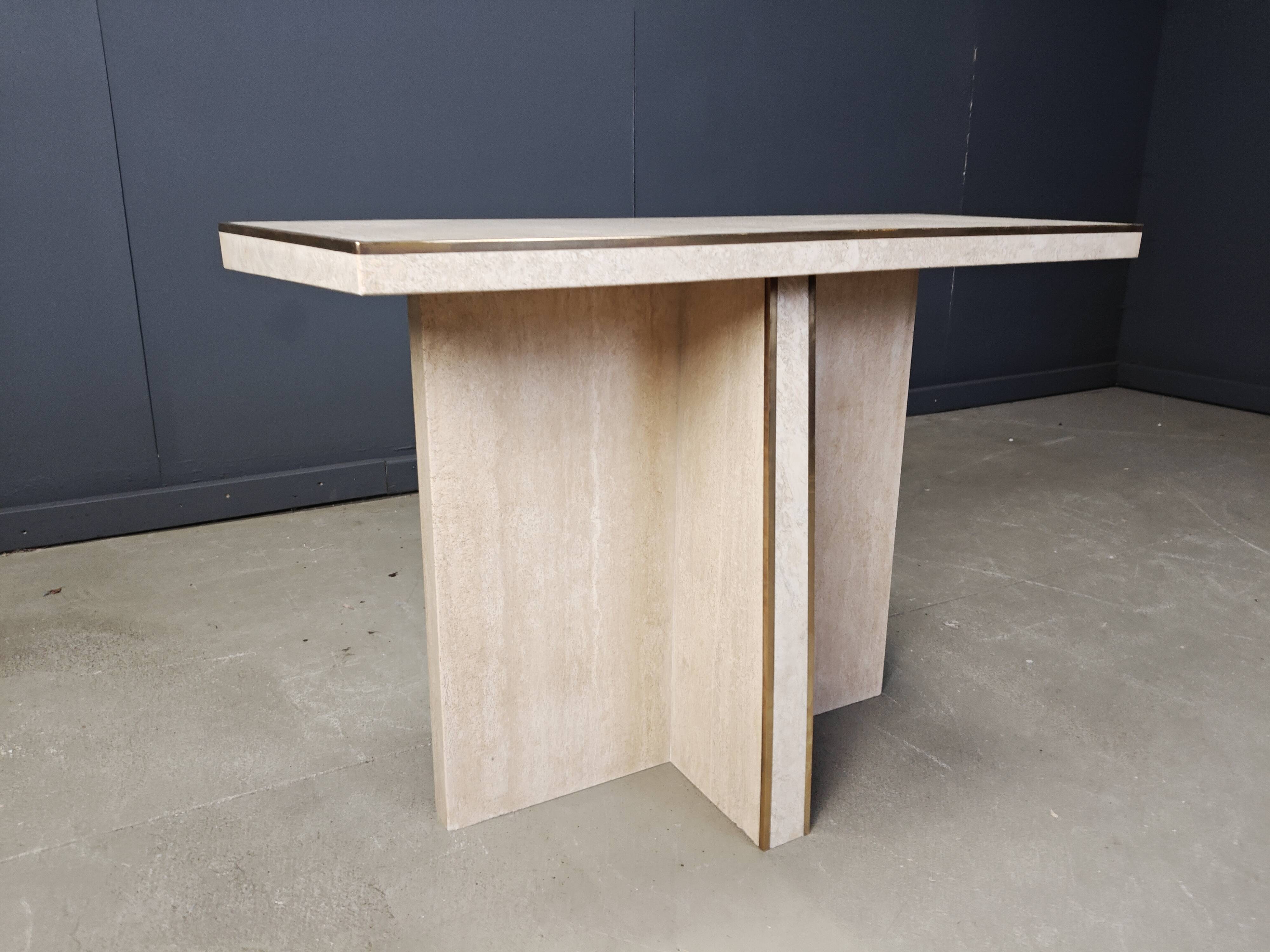 Vintage travertine and brass console table, 1970s