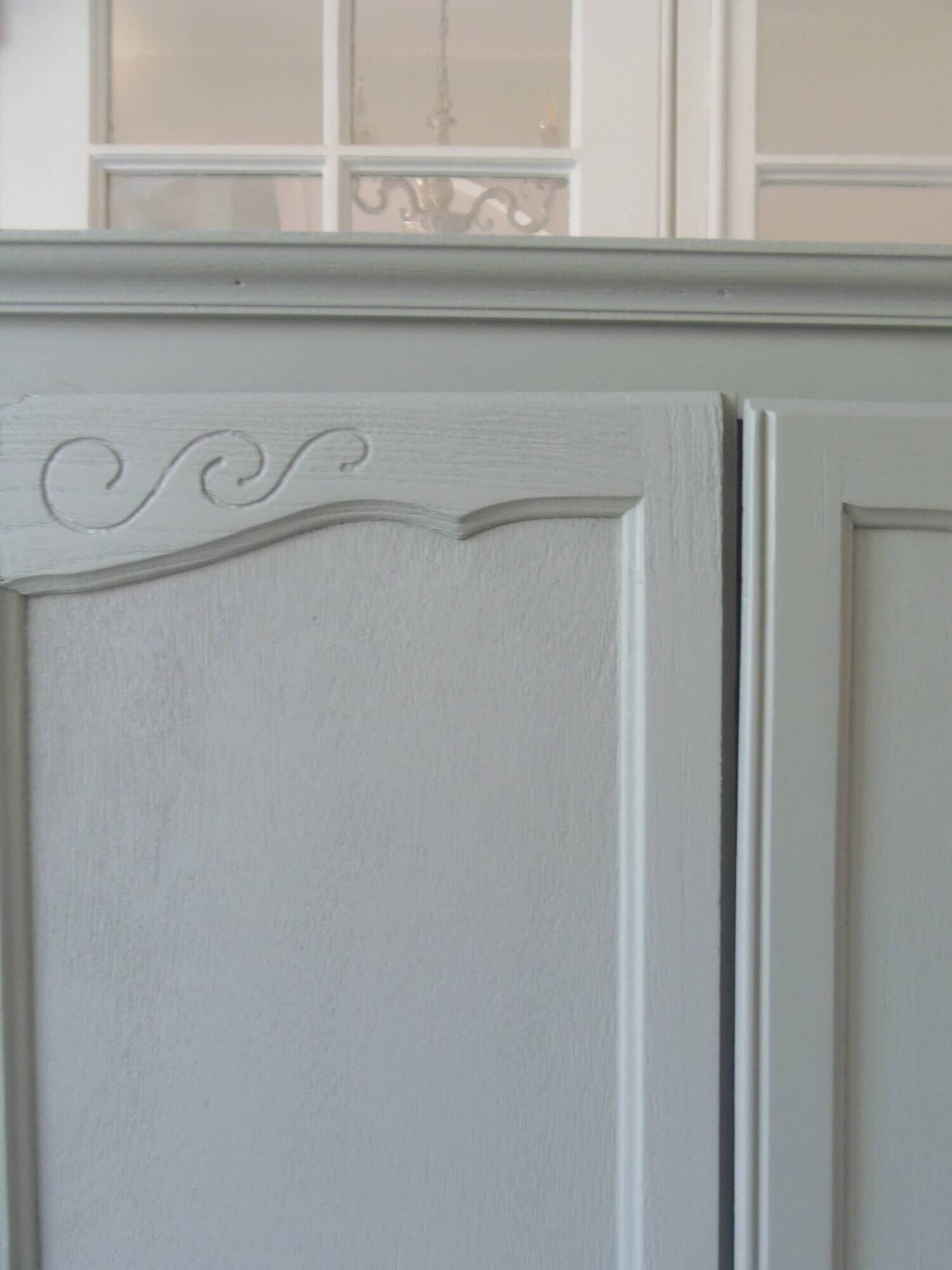 Wardrobe, dresser, vintage linen 2 doors green gray waxed finish.