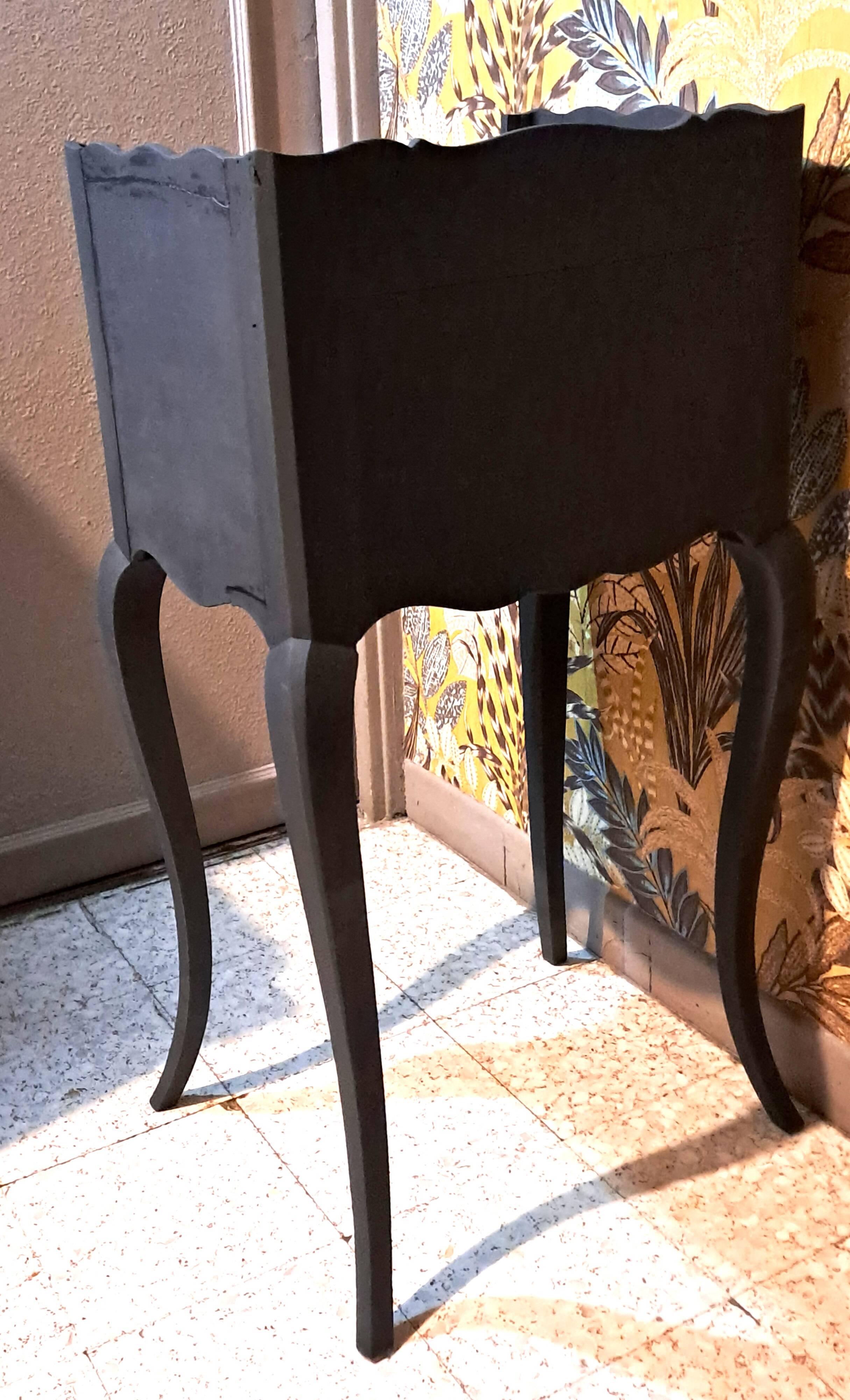 1930 bedside table, repainted wood in black with a golden rose motif.
