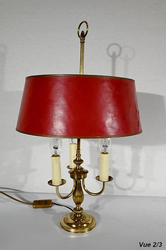 Brass bouillotte lamp with red lampshade, Louis XVI – XXth style