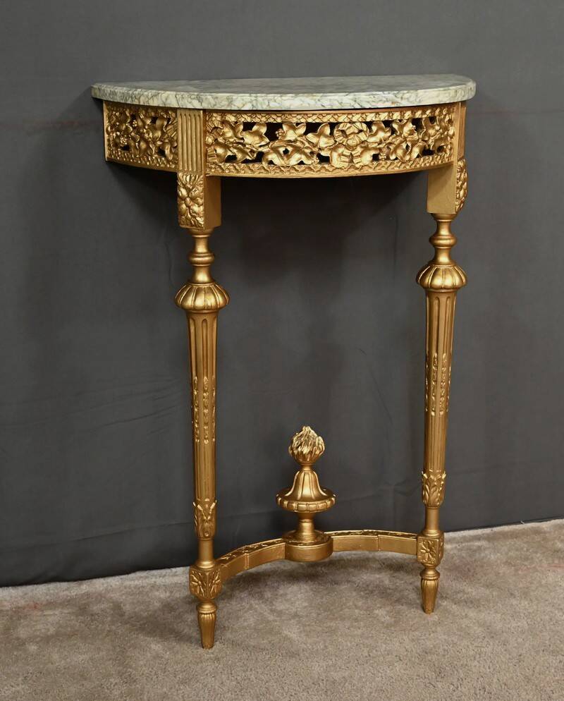 Small Half-Moon Console in Marble and Gilded Wood, Louis XVI Style – 20th Century