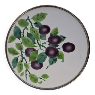 Czechoslovak Art Deco Porcelain Tray with Plum Motif and Metal Rim, 1930s