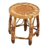 Vintage bamboo stool, woven rattan plant stand, interior decoration.