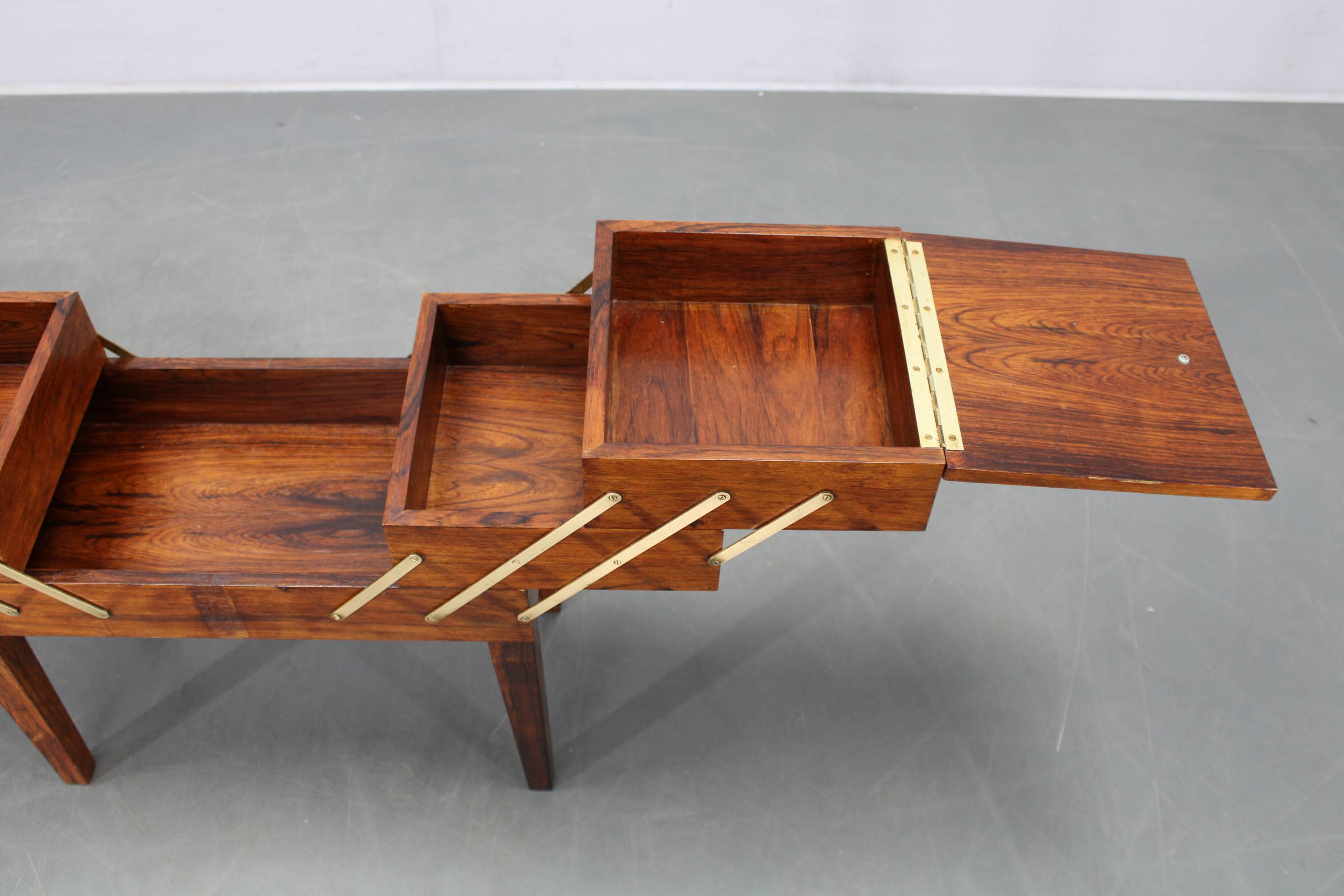 Danish mid-century unfolding sewing box in wood and brass, 1960s