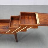 Danish mid-century unfolding sewing box in wood and brass, 1960s