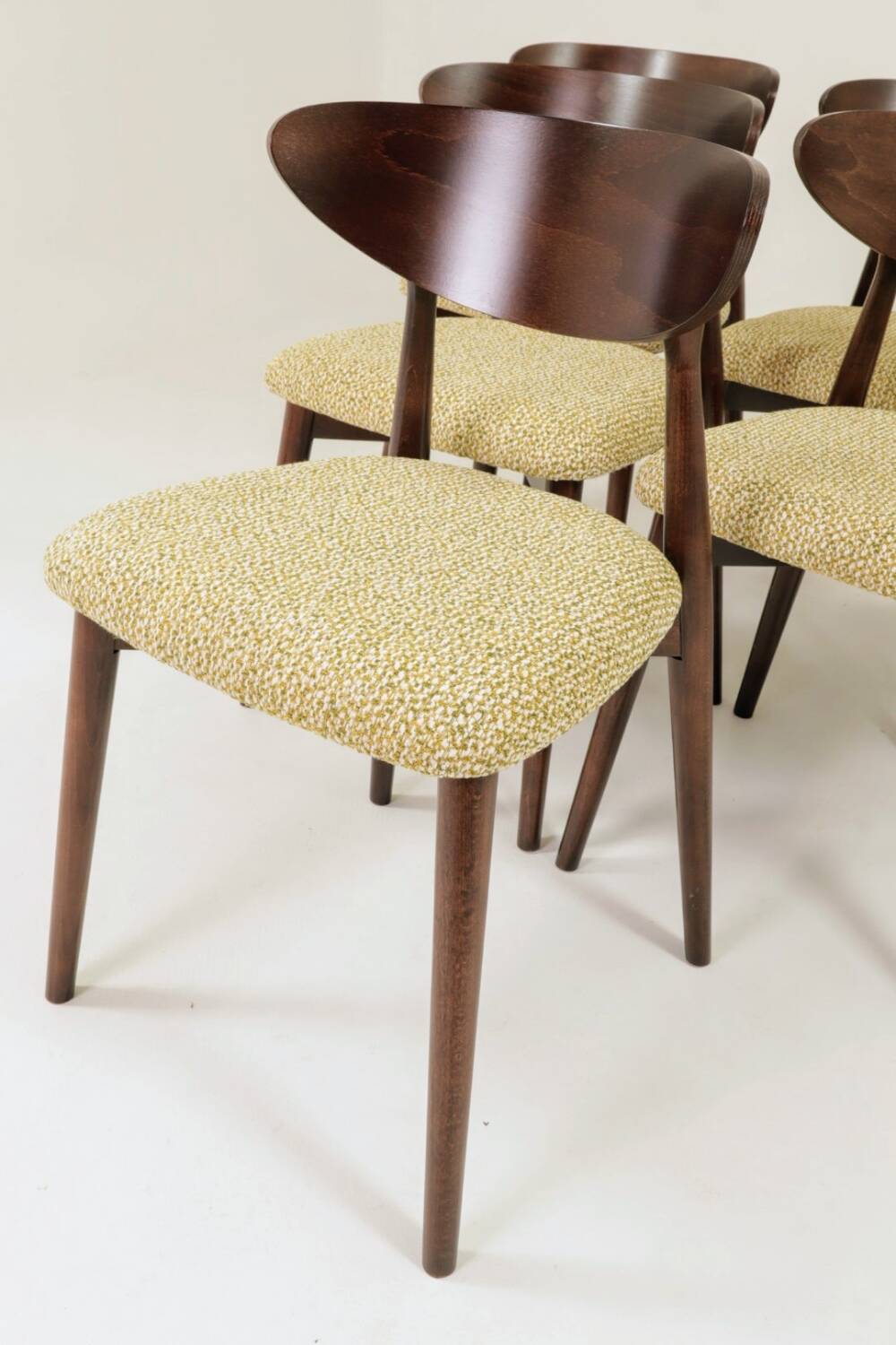 Set of 6 Dining Chairs, Light Beech Wood, Green Pattern  Fabric