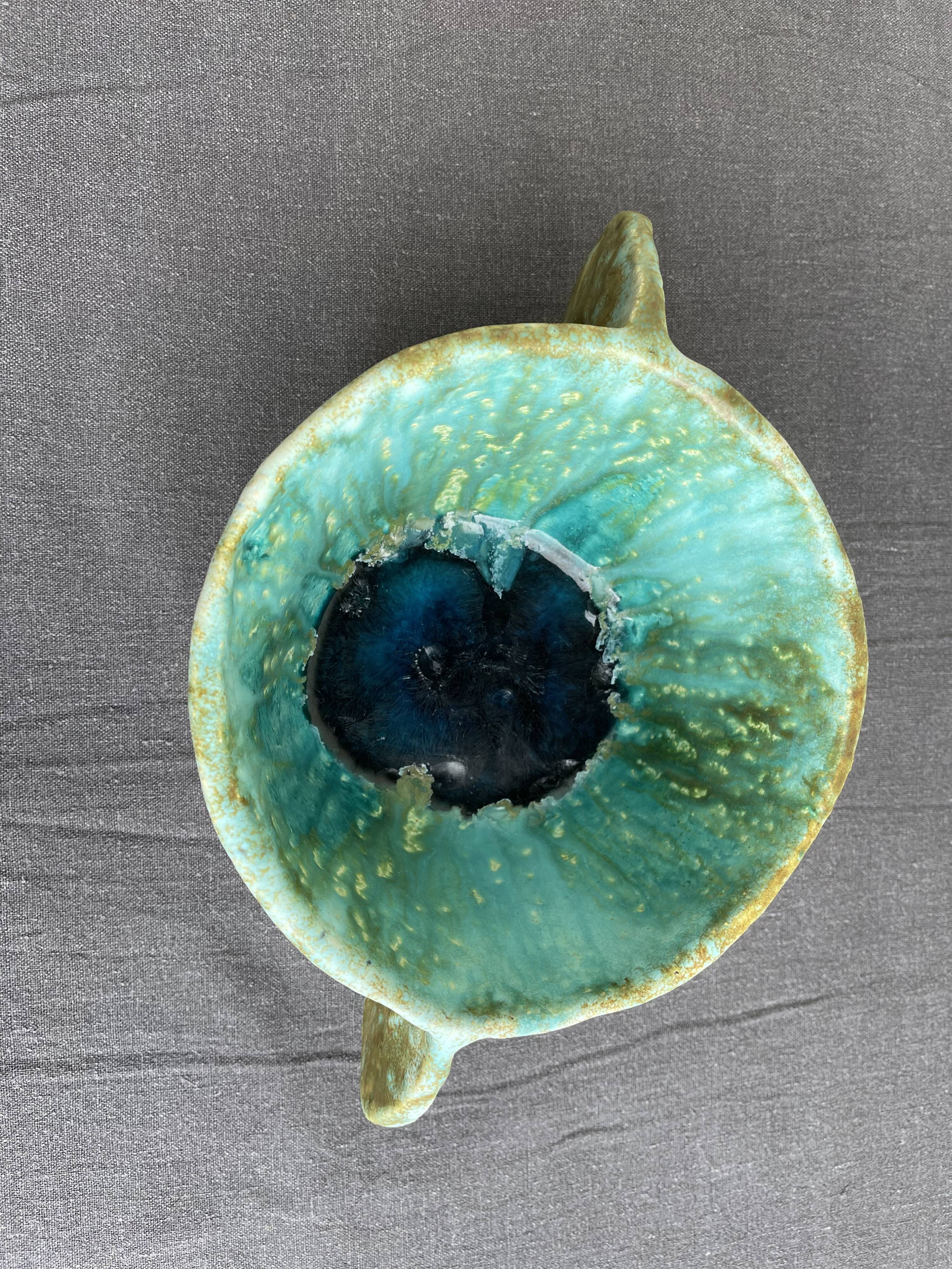 Stoneware bowl with handles, signed handmade ceramic.