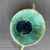 Stoneware bowl with handles, signed handmade ceramic.