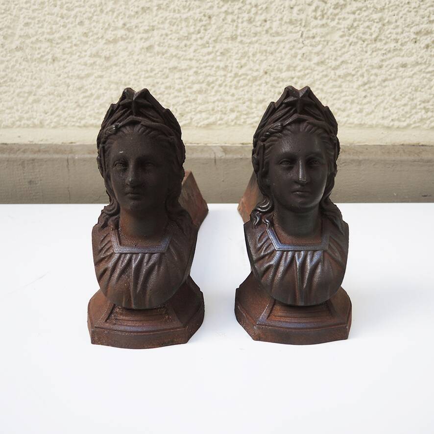 Antique Cast Iron Andirons: Bust of a Starry Woman