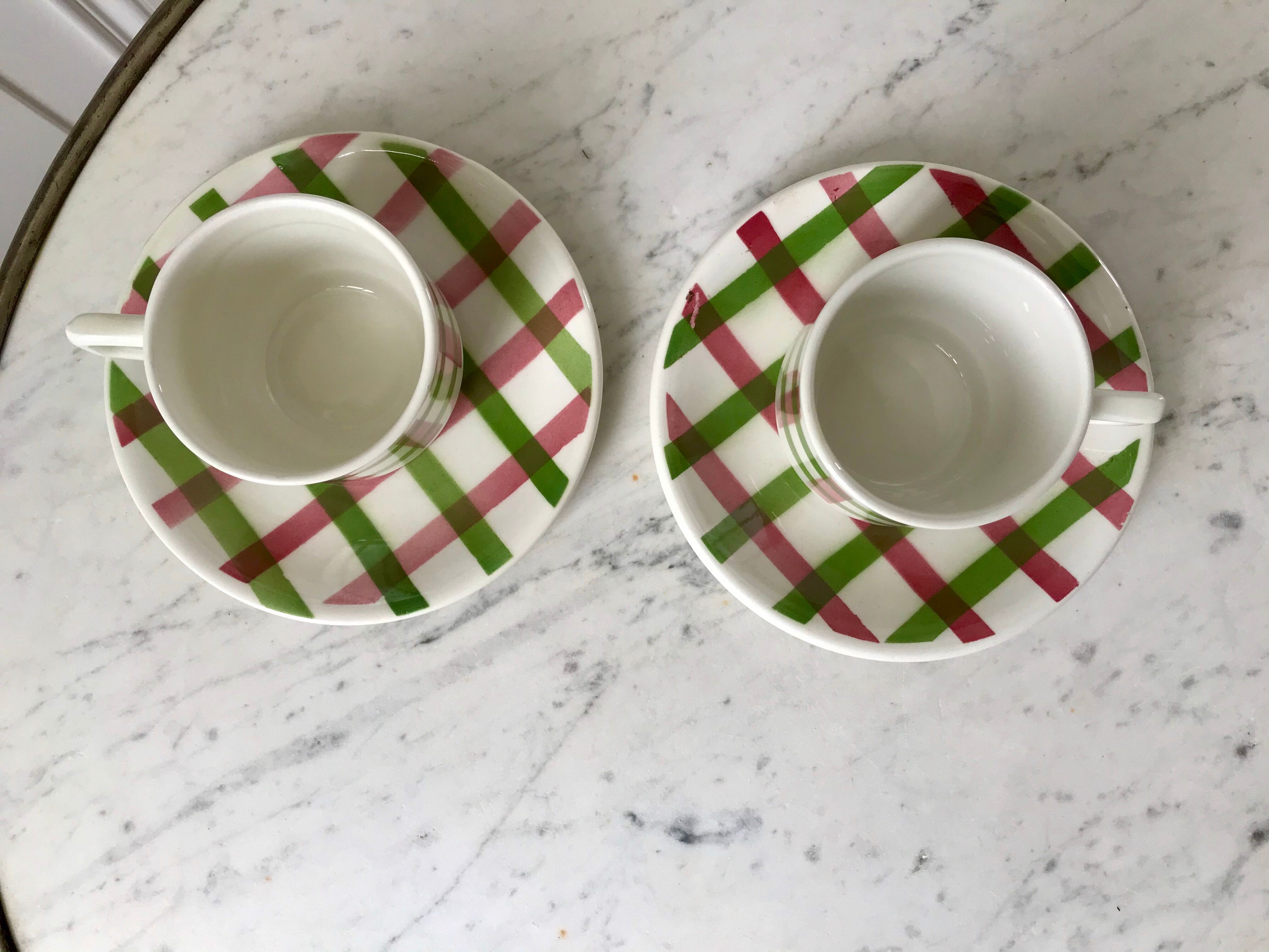Duo de tasses et sous-tasses à café motif écossais / vichy années 50