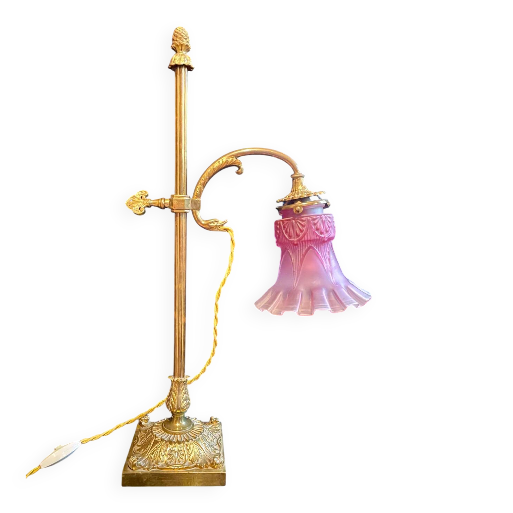 Large adjustable lamp, brass/pink glass, early 20th century.