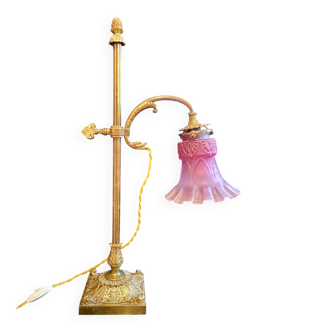 Large adjustable lamp, brass/pink glass, early 20th century.