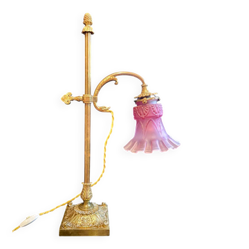 Large adjustable lamp, brass/pink glass, early 20th century.