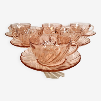 Set of 6 cups & saucers vintage arcoroc model rosaline France pink glass Signed