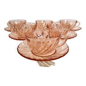 Set of 6 cups & saucers vintage arcoroc model rosaline France pink glass Signed