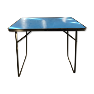 Table pliante jardin structure métal avec plateau formica bleu vintage