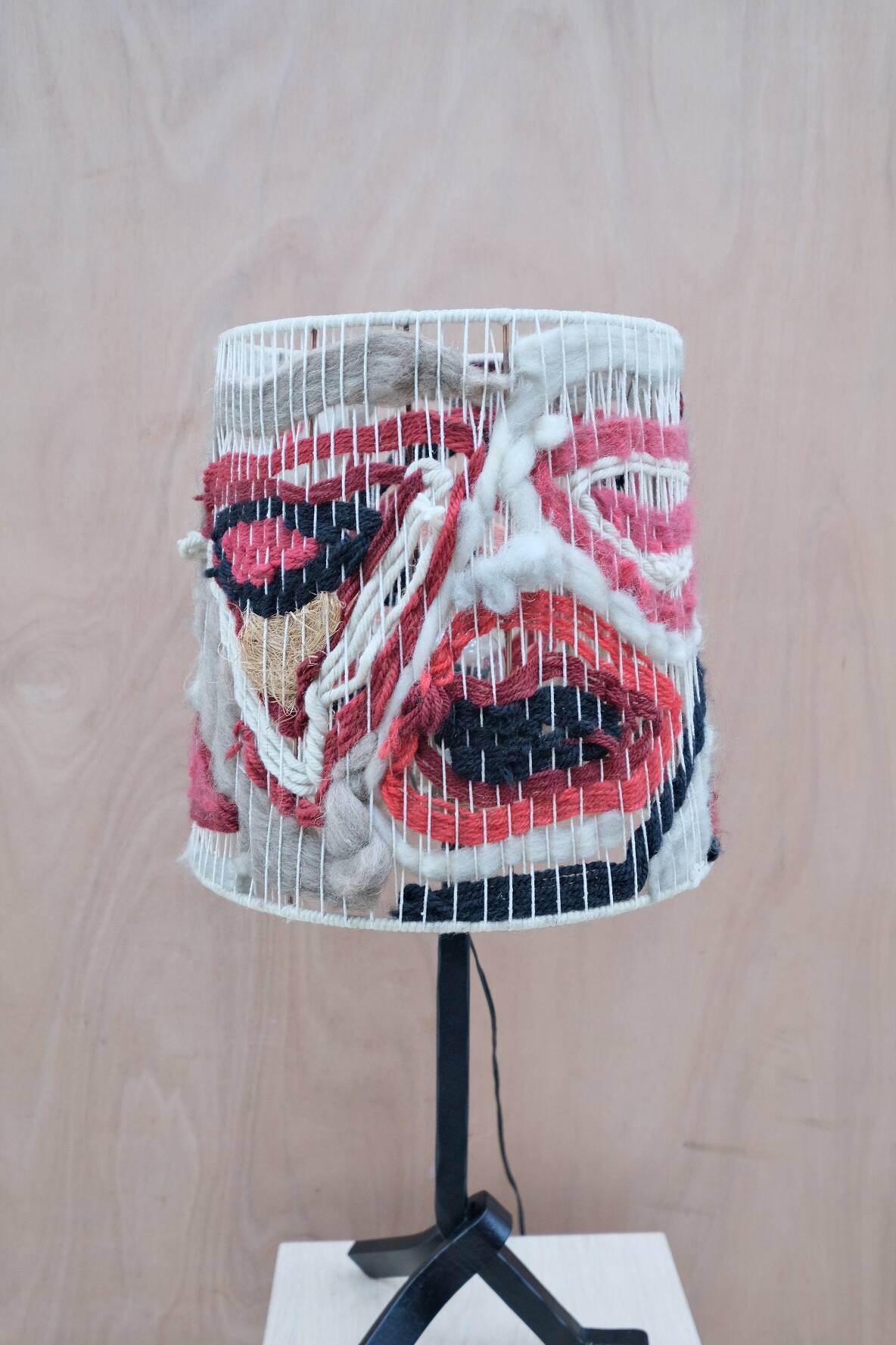 Modernist wrought iron lamp with wool lampshade, France 1950