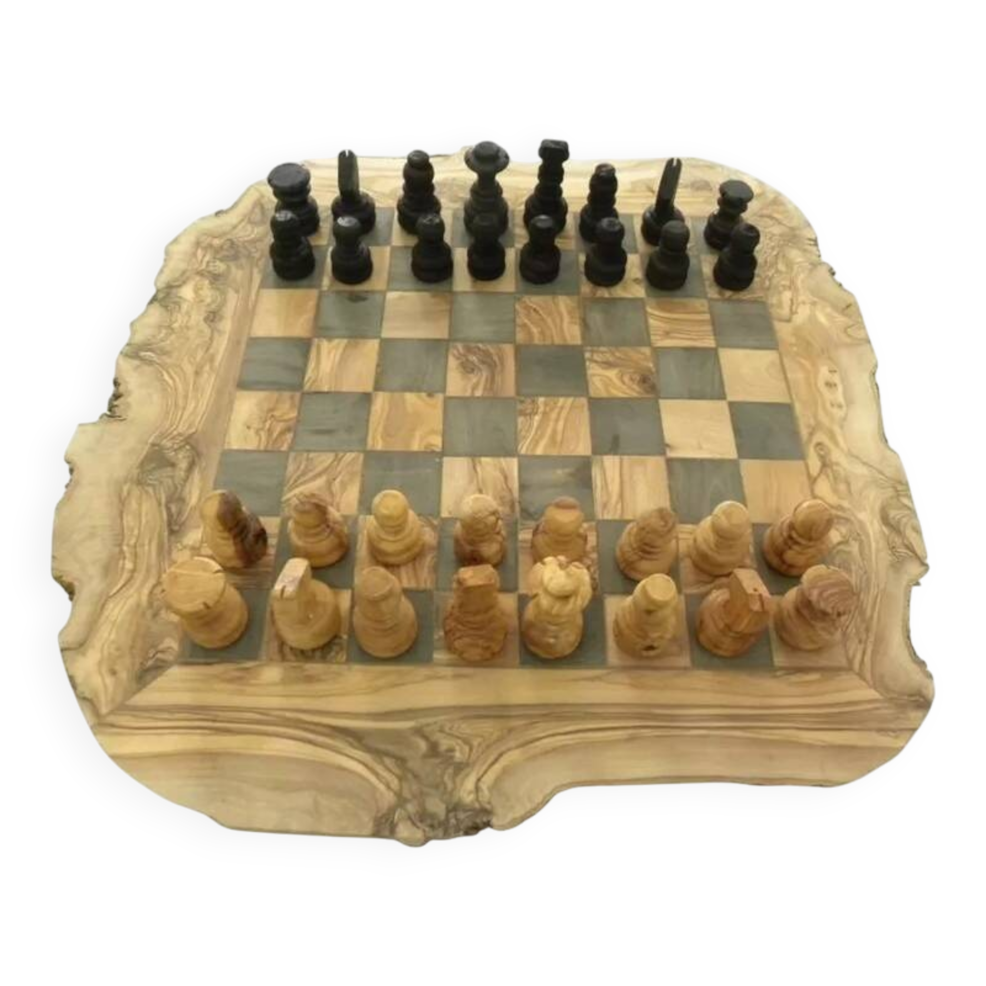 Rustic handcrafted olive wood chess set