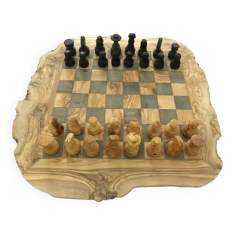 Rustic handcrafted olive wood chess set