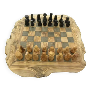 Rustic handcrafted olive wood chess set