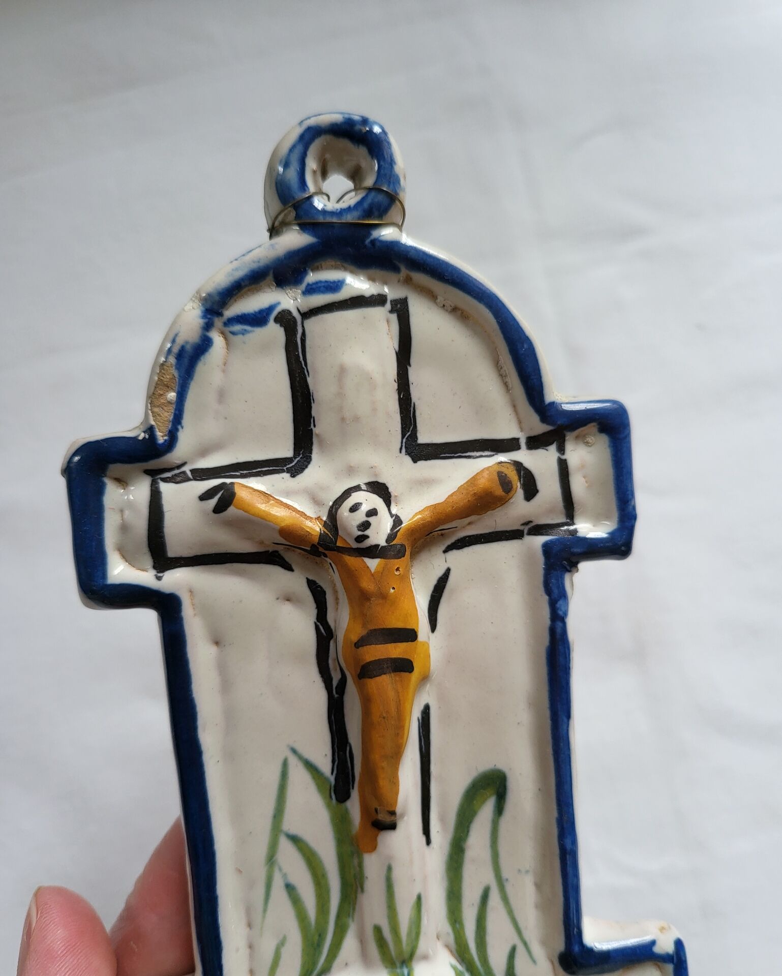 Old Faience Baptismal Font Enamelled Cross