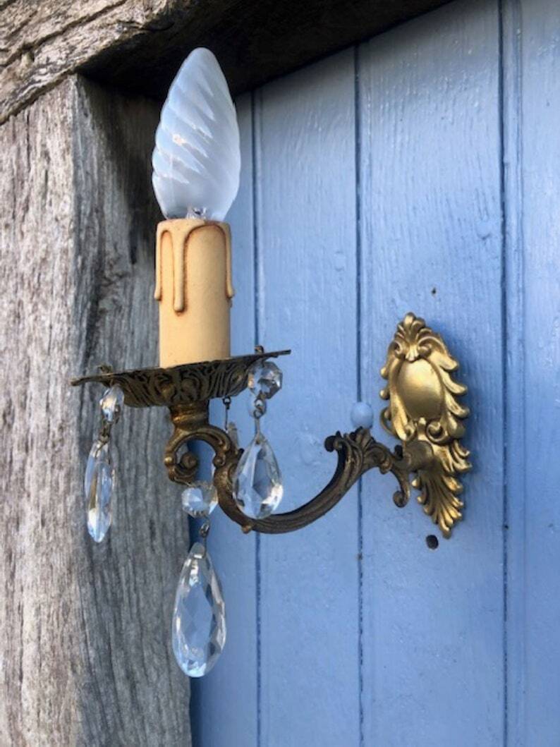 Vintage French Crystal Wall Sconces: Victorian Bronze & Brass Pair