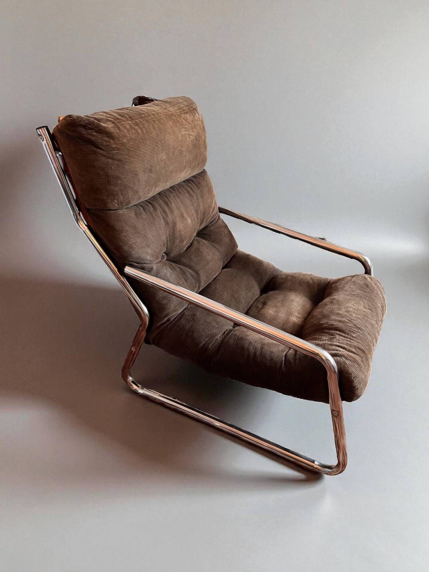 Pixi armchair by Gillis Lundgren for IKEA in chrome and brown velvet, 1974
