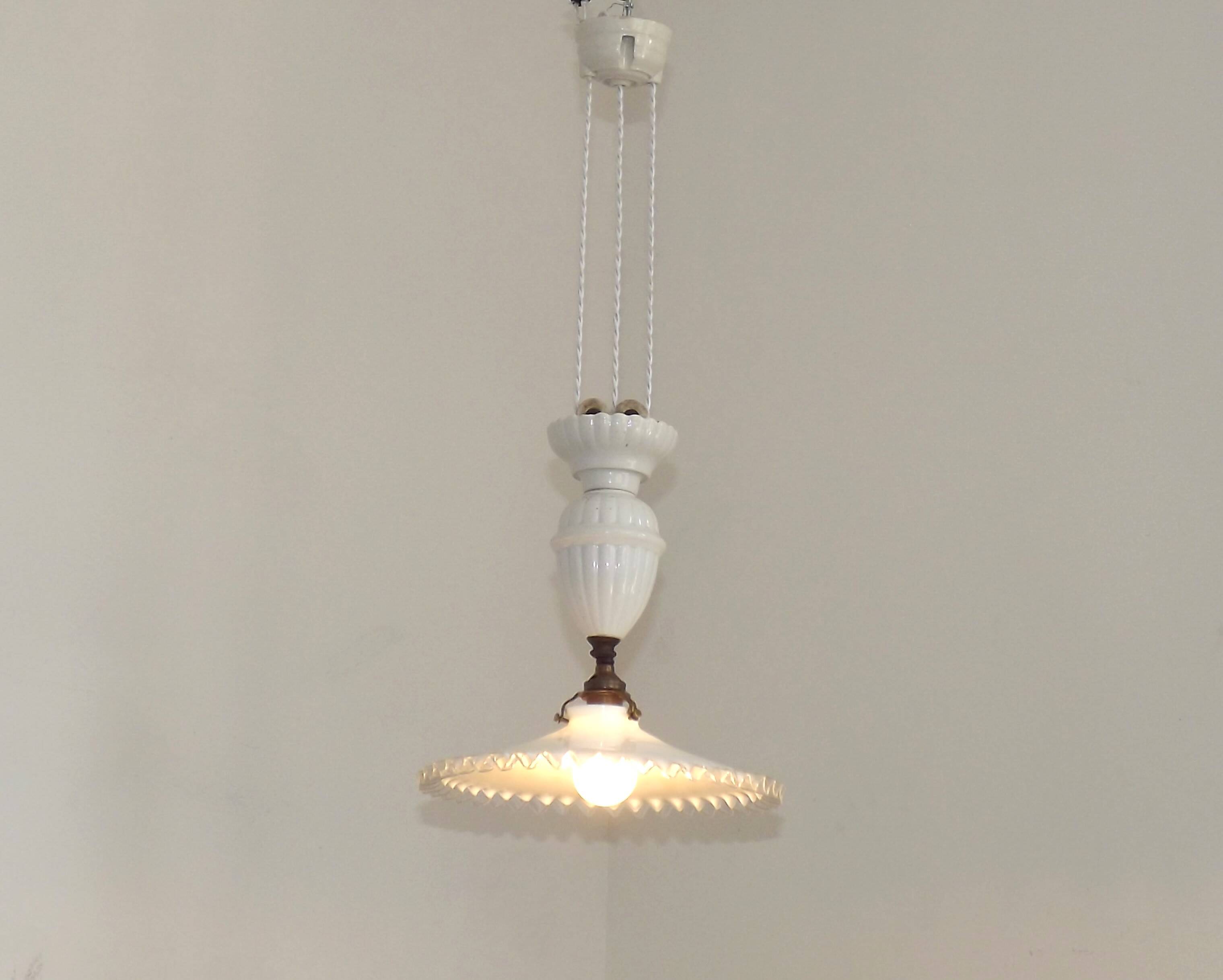 French Counter Balance Ceiling Light White Porcelain & Opaline Glass Shade