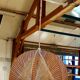Hanging lamp in wood cut out clear raffia geometrical drawings 1970