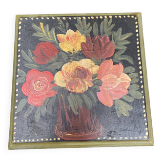 Dessous de plat en bois peint à la main, motif floral, 1980