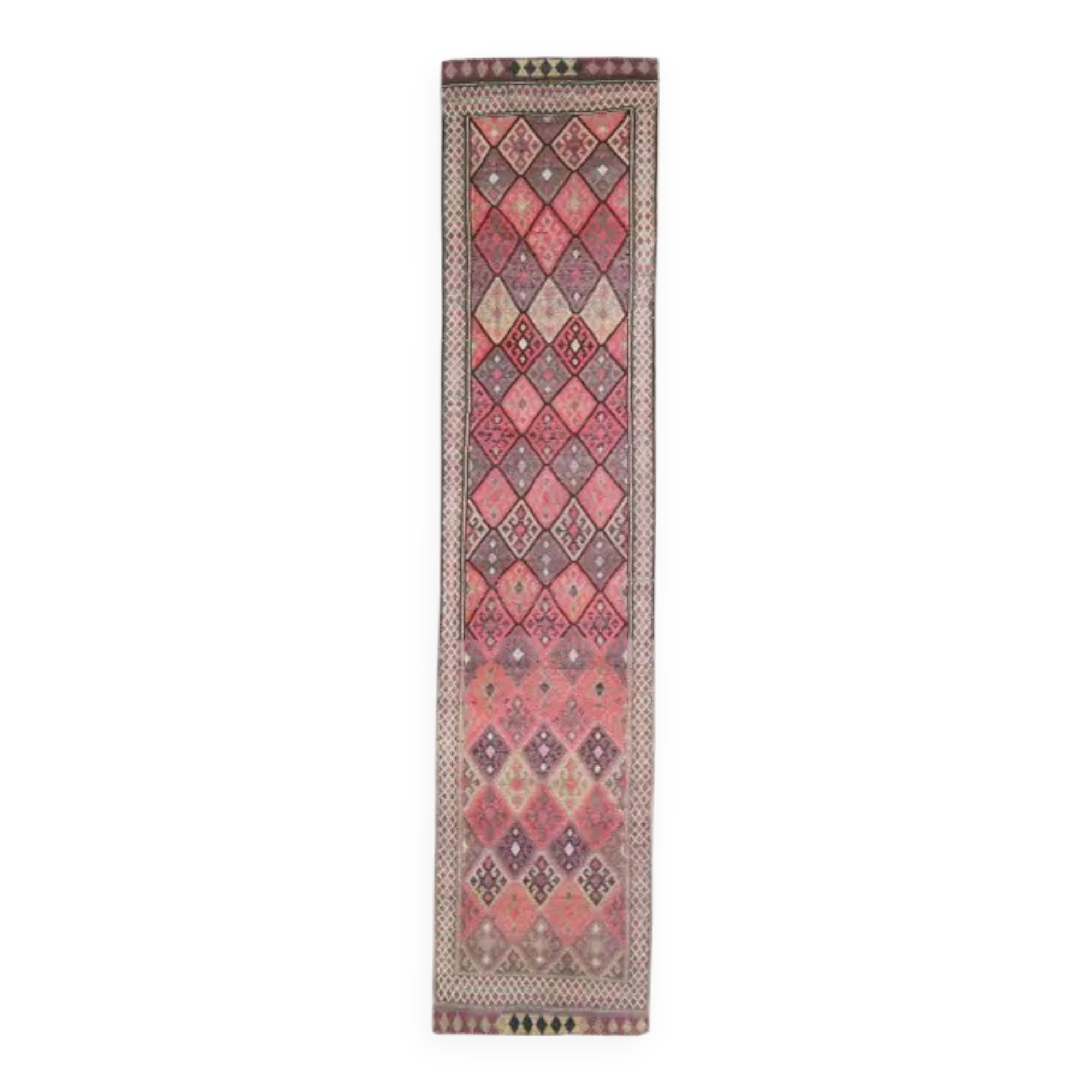 1970s vintage Turkish hand-knotted wool cotton pink runner rug 87x395