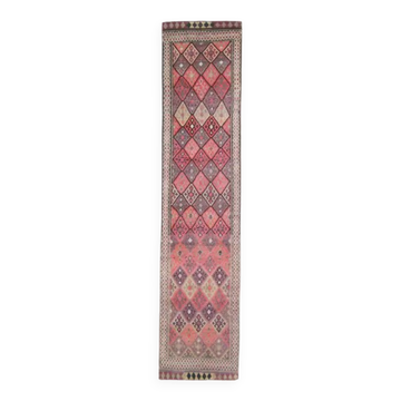 1970s vintage Turkish hand-knotted wool cotton pink runner rug 87x395