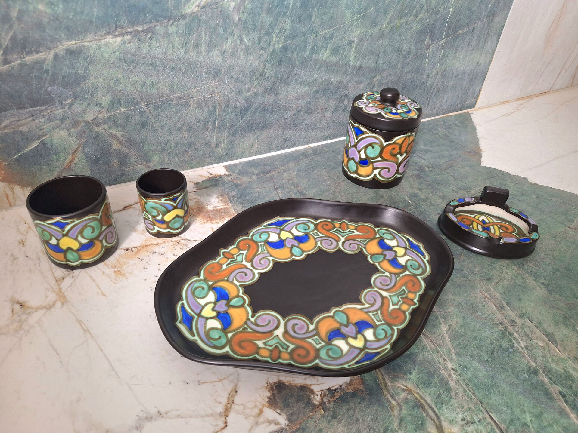 The Montoise Ceramics set of 5 art deco ceramic pieces.