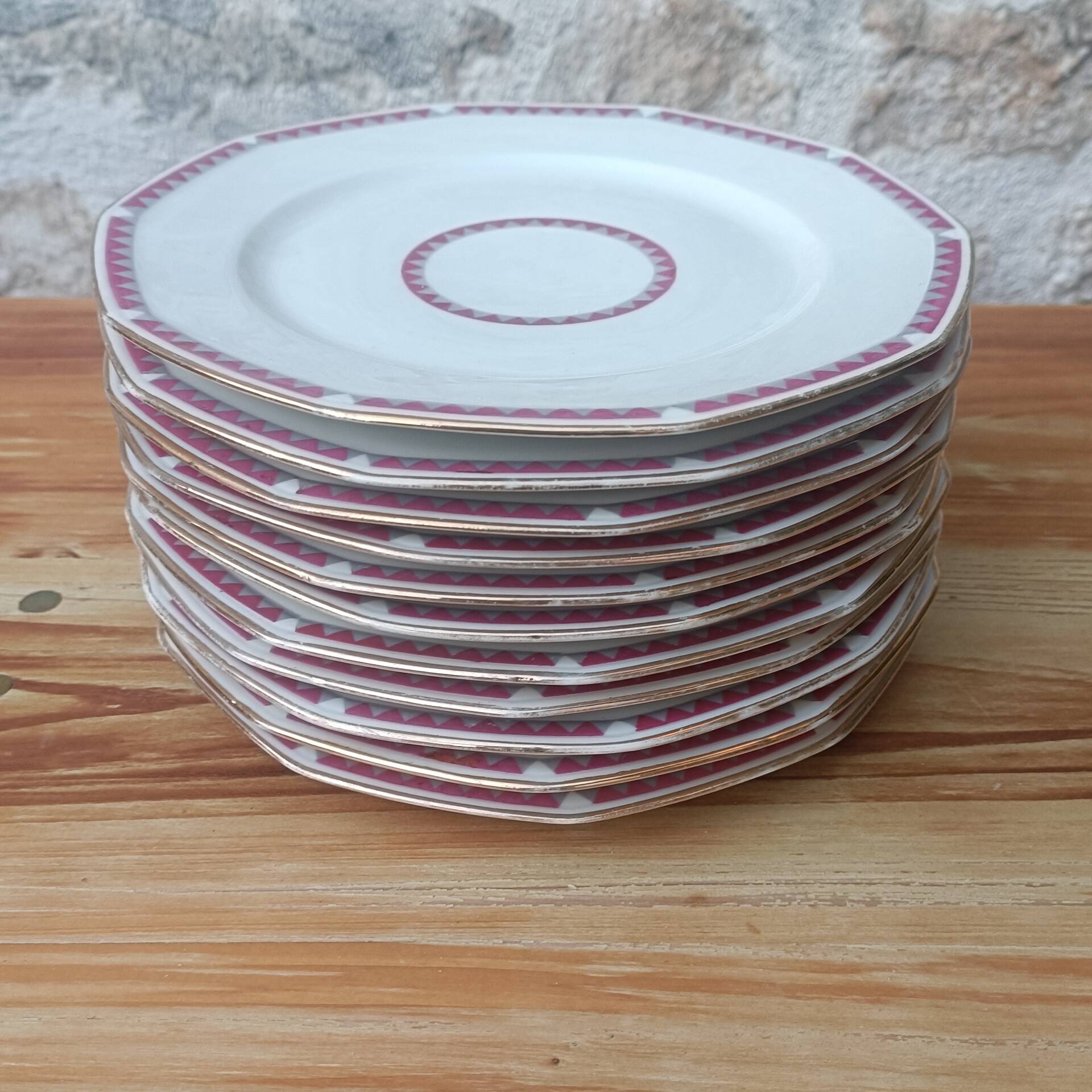 Art Deco dessert plates in pink Limoges porcelain
