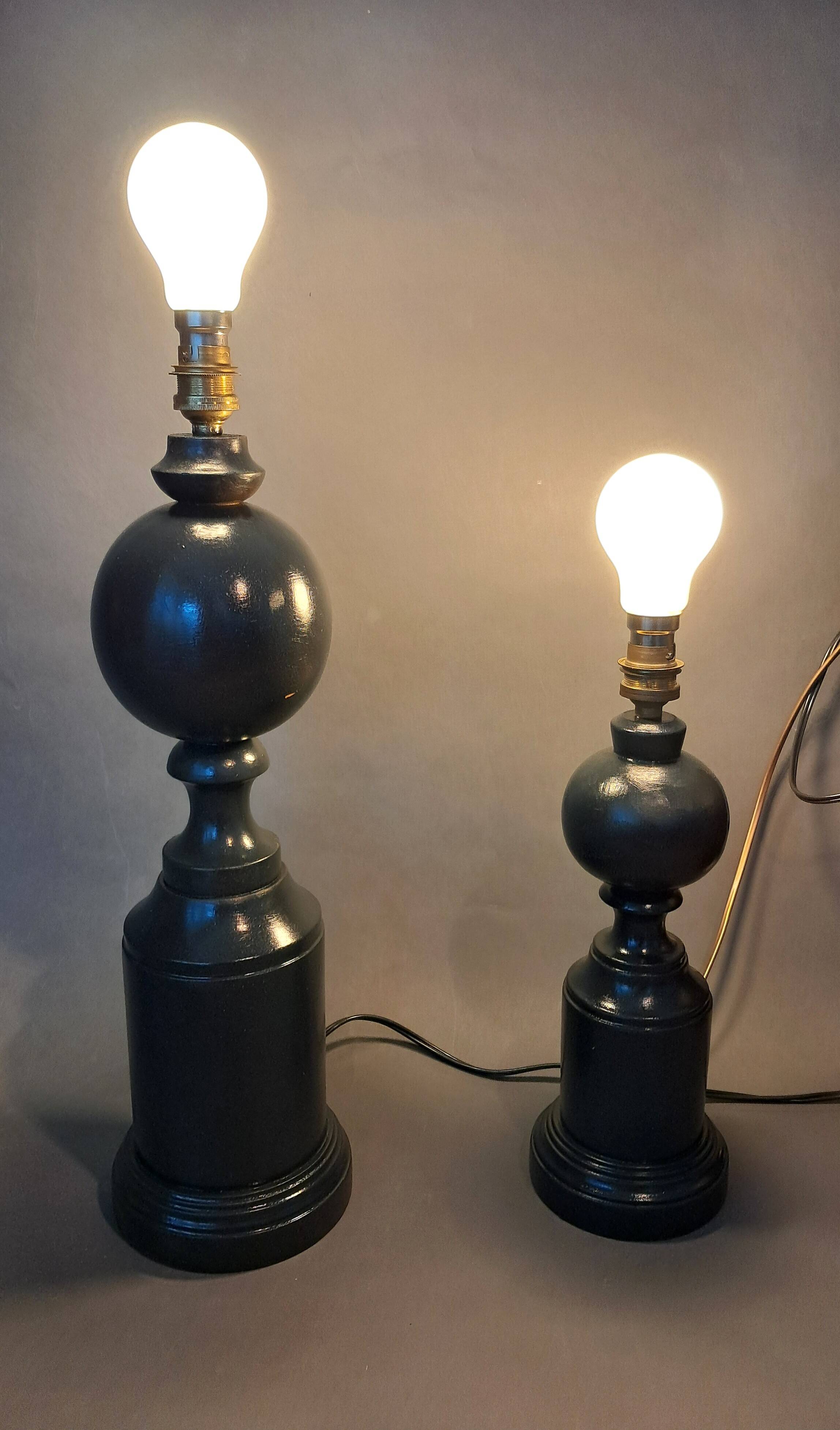Pair of vintage beech wood lamps in black/grey lacquer.