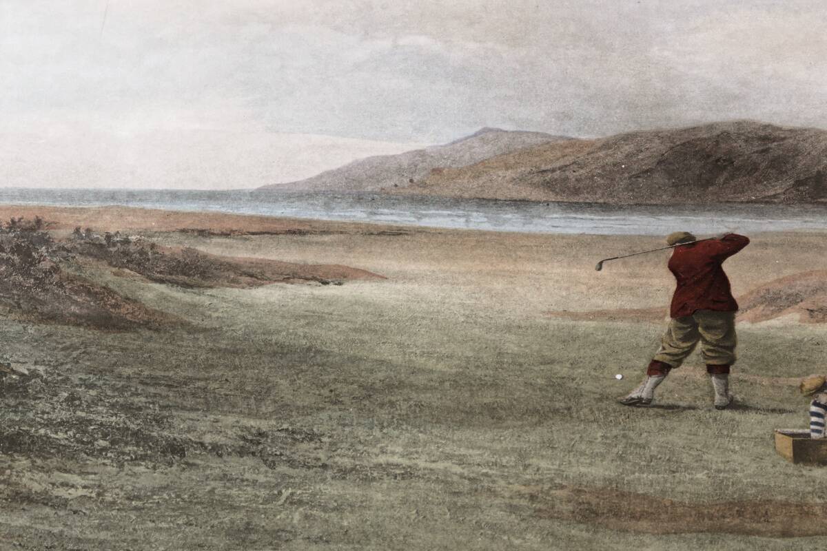 Coloured lithograph, "The Drive" Golf, after Douglas Adams (1853-1920)