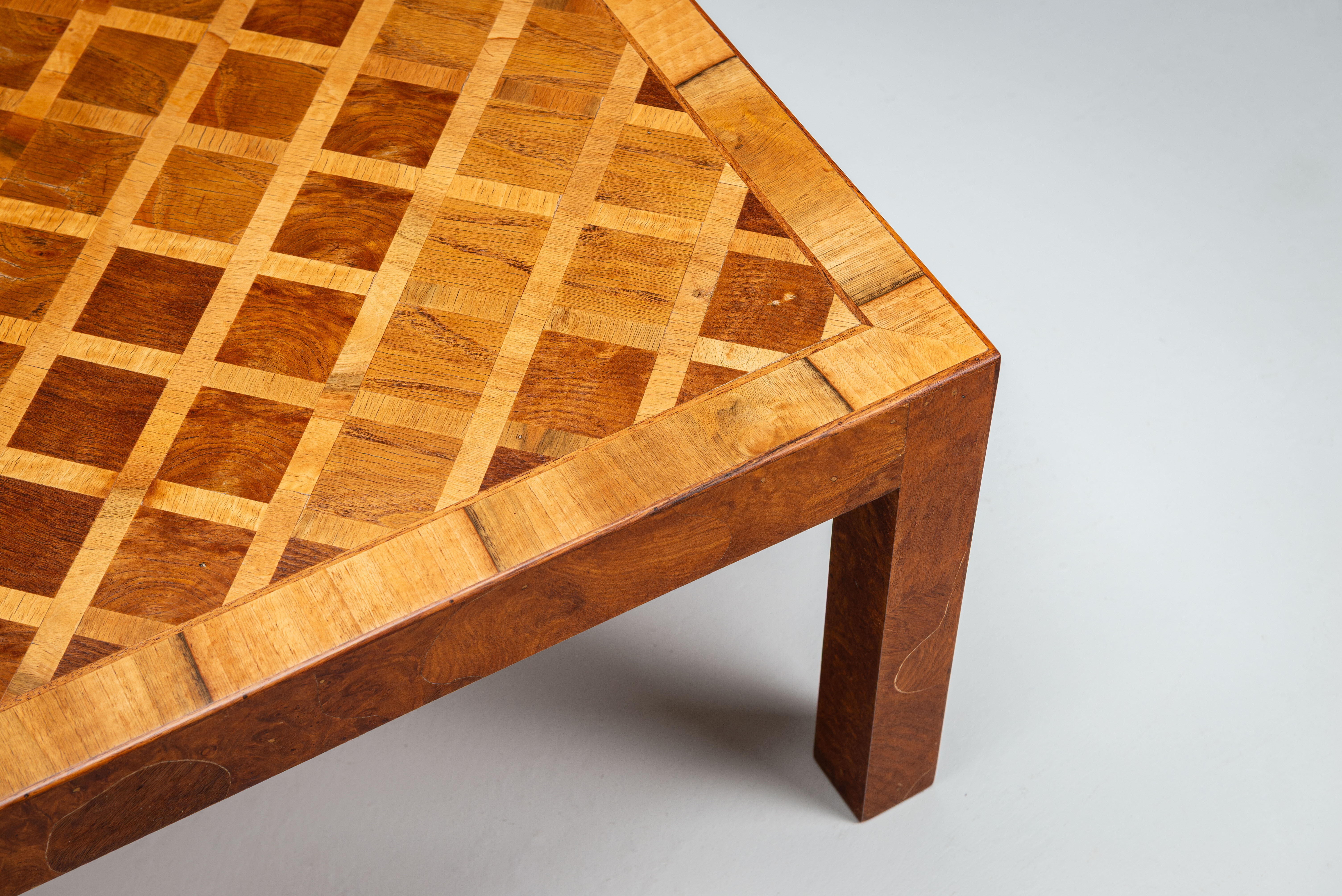 Square Italian coffee table with burl wood and inlaid parquetry top