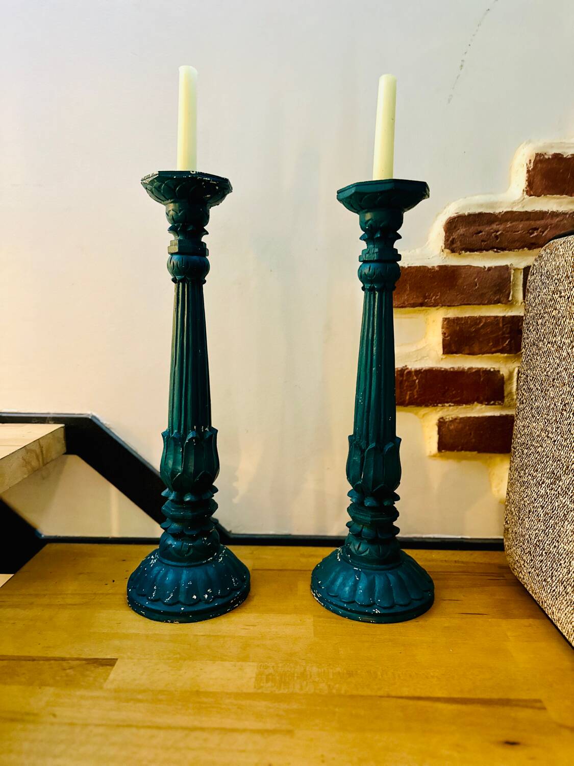 2 vintage duck blue wooden candlesticks