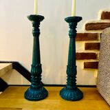 2 Large vintage duck blue wooden candlesticks