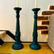 2 vintage duck blue wooden candlesticks