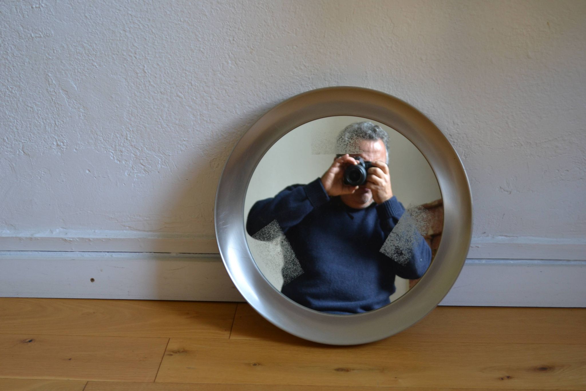 miroir rond 1970 cadre métal inox brossé 43 cm